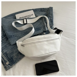 Detailed macro view of white PU leather waist bag with double zippers and fabric strap