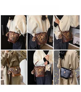Detailed views of leopard print bucket bag with plush charm shown in multiple styling ways
