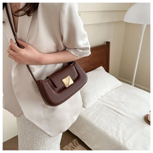 Gros plan du sac en cuir mat marron foncé avec boucle métallique dorée carrée