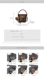Detailed size chart and multi-color options for leopard print crossbody bucket bag