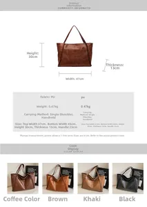 Detailed size chart and specifications for the large capacity vintage PU leather tote bag