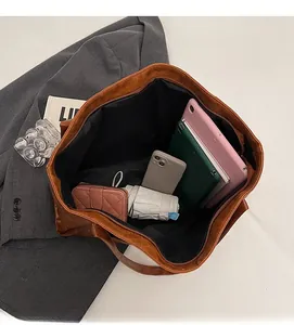 Interior view of brown tote bag showing large capacity for tablet and daily items