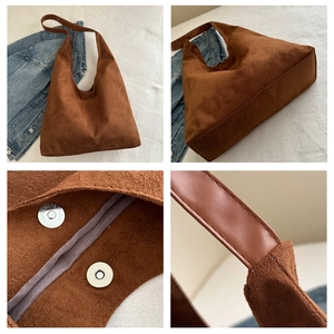 Detailed views of brown faux suede tote bag with magnetic snap and leather straps
