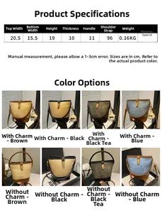 Size guide for women's crossbody bucket bag with detailed measurements and color options