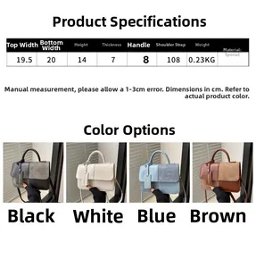 Detailed size chart and multi-color display of modern leather crossbody handbags