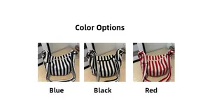 Detailed color options for the striped canvas tote bag in blue, black, and red variants
