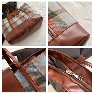 Detailed views of plaid tote bag seams, silver zipper, and textured tweed fabric panels