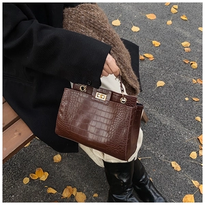 Détail du sac en cuir crocodile marron foncé avec son élégant fermoir rotatif doré poli