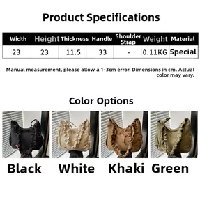 Detailed dimension chart and color options for Ruched Drawstring Shoulder Tote Bag