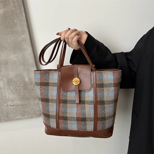 Borsa Tote Vintage In Tweed A Quadri Per Donna Stile Retrò Britannico Grande Capacità Borsa A Spalla Con Finiture In Ecopelle Casual