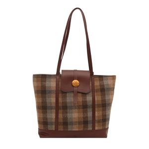 Grande borsa tote vintage a quadri con finiture in pelle marrone e fibbia dorata