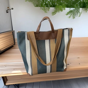 Striped Tote Bag Large Capacity Canvas Woven Vintage Casual Women Shoulder Handbag With Leather Trim