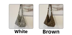 Dual view of large leopard print tote bags in white and classic brown canvas patterns