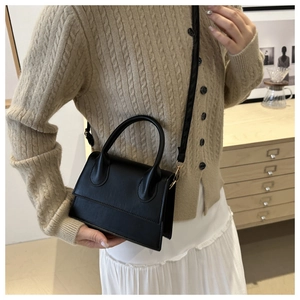 Detail of a black crossbody handbag with top handle and flap closure worn by a model