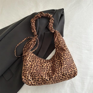 Leopard Print Hobo Shoulder Bag Nylon Fabric Large Capacity Scrunchie Strap Bow Decor Casual Trendy Women