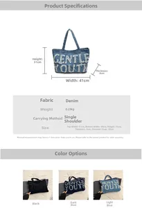 Specifiche dettagliate delle dimensioni della borsa tote in denim con logo ricamato