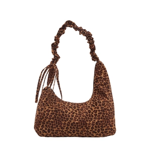 Leopard print canvas tote bag with ruched shoulder strap and ribbon detail in brown