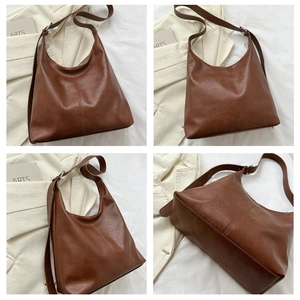 Detailed views of a dark brown PU leather hobo tote bag with adjustable shoulder strap