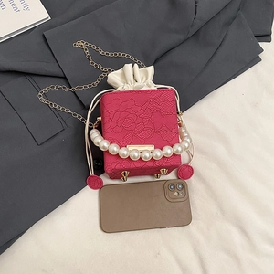 Mini rose red floral lace handbag with oversized pearl handle and gold chain strap