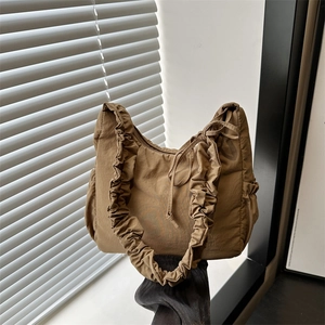 Latte brown nylon cloud bag with pleated handle and drawstring details for women