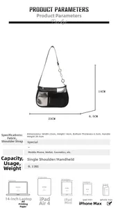 Detailed size specifications for the silver and black shoulder bag with metal chain