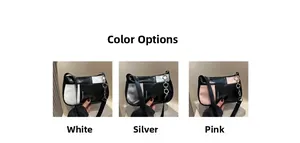Detailed comparison of color options: white, silver, and pink contrast small square bags