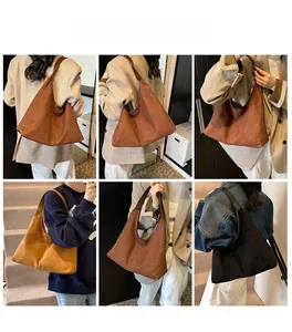 Collage van matte leren tassen in karamel, geel en zwart gedragen door een model