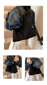 Verticale collage van een zwarte matte hobo-tas gedragen in een minimalistisch interieur
