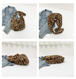 Detailansichten der großen Leoparden-Plüschtasche aus weichem Kunstfell aus verschiedenen Winkeln