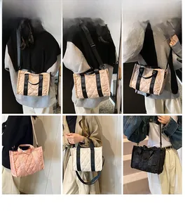 Quilted tote bag displayed in multiple colors showing crossbody and shoulder carrying styles
