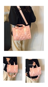 Detailed close-up of pink quilted nylon handbag with textured diamond pattern and strap