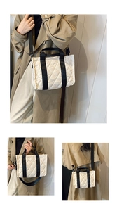 Detailed views of beige quilted nylon tote bag with black handles and crossbody strap