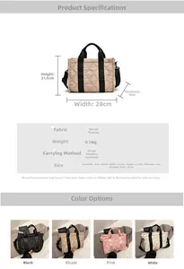 Detailed size chart and multi-color options for the quilted nylon crossbody tote bag