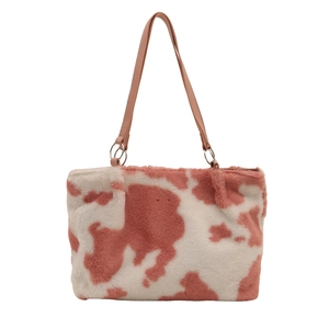 Sac fourre-tout en peluche à motif vache rose et blanc avec anses en similicuir souple