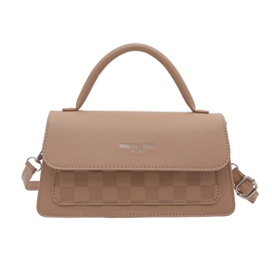 French vintage style light brown crossbody handbag with checkered embossed texture