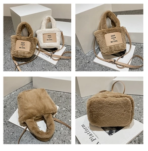Detail of plush bucket bags showing faux fur texture, leather straps, and inner lining