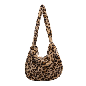 Winter plush leopard print shoulder bag with large capacity for casual shopping