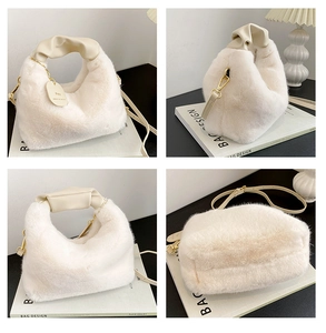Detailed views of a plush cream handbag with pleated handle and removable shoulder strap