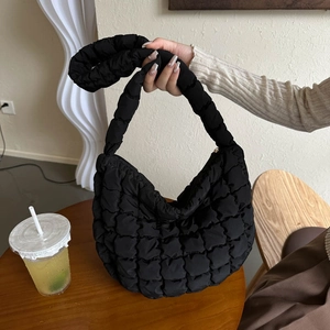 Women Quilted Puffer Shoulder Bag Nylon Large Capacity Grid Padded Crossbody Handbag Niche Fashion Lightweight