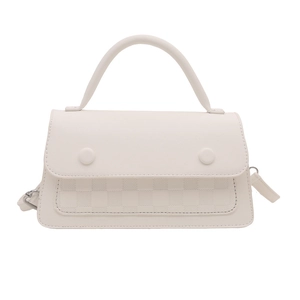 Minimalist beige crossbody bag with checkered texture and top handle on white background