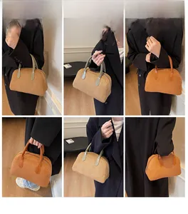 Detail shots of large suede Boston bag showing khaki and brown color options and usage