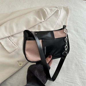 Damen Farbblock PU Leder Achseltasche Mode Metall Blume Kette Dekor Buchstaben Druck Quadratische Schulter Umhängetasche