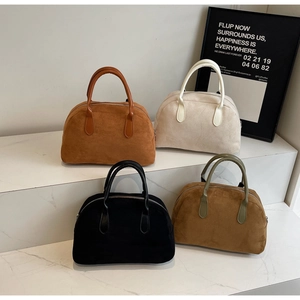 Retro faux suede Boston bags in caramel, white, black, and olive green colors