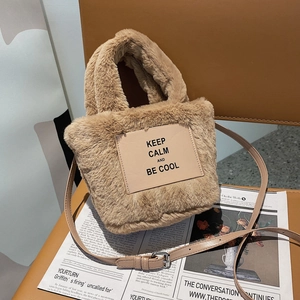 Women Plush Faux Fur Handbag Small Square Crossbody Bag With Adjustable Strap Autumn Winter Retro Letter Print Tote