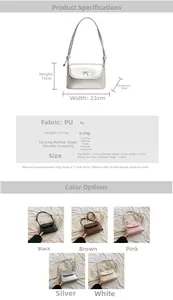 Detail view of compact PU crossbody bag featuring a metal bow and long shoulder strap