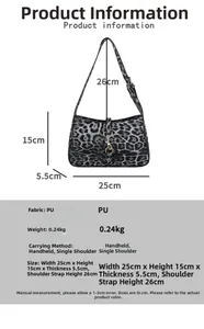 Detailed size specifications of gray leopard print PU leather shoulder bag with dimensions