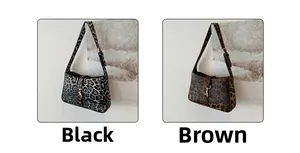 Detailed comparison of gray and brown leopard print shoulder bags with metal buckles