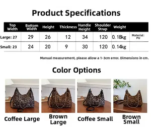 Detailed size chart and dimensions for leopard print PU leather shoulder tote bags