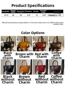Size specification chart for minimalist PU leather bucket bag with multi-angle thumbnails