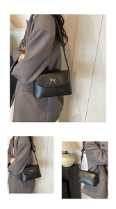 Detailed views of a black crossbody bag with silver bow accent and knotted strap detail